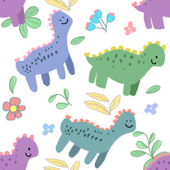 Seamless pattern, Children's fabric patterns include drawings of Dinosaur, Tree, Rainbow, in a lively, imaginative setting, exuding fun and energy. 