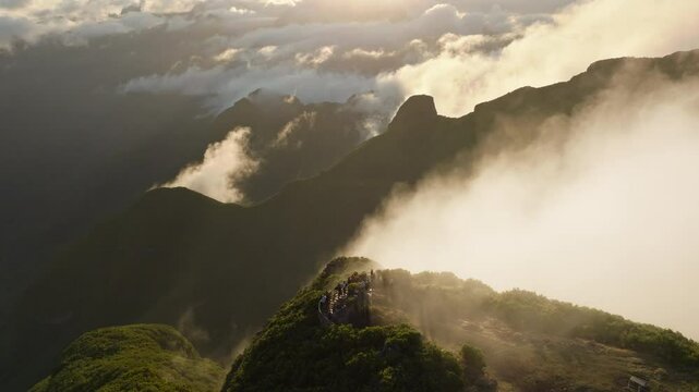 Beautiful sunrise from Bica da Cana with epic mountains, Madeira island, aerial drone