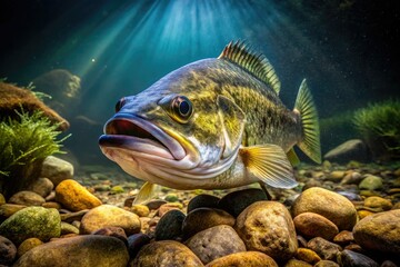 Fototapeta premium Night's embrace: a largemouth bass, sharply focused amidst lake stones, a stunning underwater portrait.