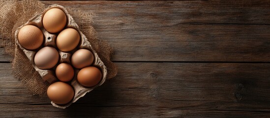 Close up of brown chicken eggs in a carton on a weathered wooden surface, with a textured burlap cloth underneath, creating a rustic ambiance.