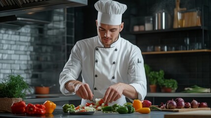 Chef prepares fresh vegetables in a modern kitchen during a culinary session on a bright day