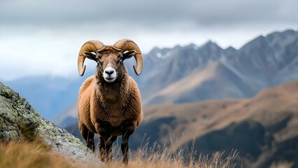 A ram with large horns stands on a rocky terrain, surrounded by mountains under a cloudy sky. Concept Wildlife Photography, Majestic Rams, Mountain Landscapes, Dramatic Skies, Nature Exploration