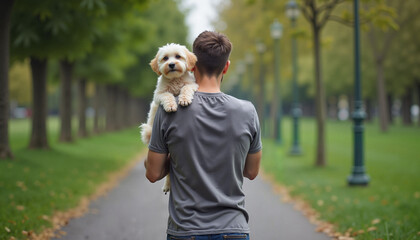 Man holding a small dog on his shoulder standing on a park path with a blurred background