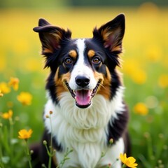 Fototapeta premium Smiling border collie in field, floral backdrop, joyful, meadow