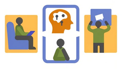 Fototapeta premium An illustration depicting different individuals engaging with technology and ideas, showcasing the connection between thought and action.