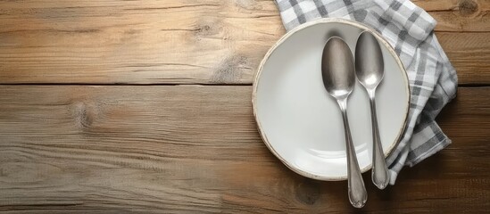 Rustic wooden table with an empty white plate placed in the center accompanied by two silver spoons and a gray checkered napkin on the side.