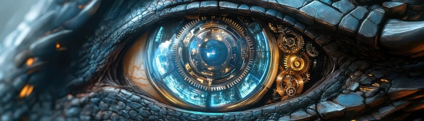 Illustrate a steampunk-futuristic Mechanical Dragons Eye, showcasing intricate gears and holographic displays, in a hyper-realistic sci-fi style