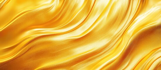 Fototapeta premium Sleek gold yellow satin texture with gentle waves creates an elegant background suitable for wallpapers or brochures with ample space for text.