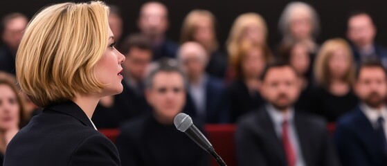 Businesswoman presenting a sales pitch with charts, in a meeting room filled with attentive colleagues, surrounded by modern decor and a persuasive tone