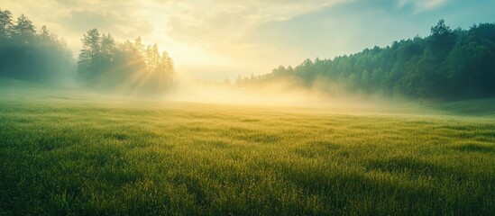 Panoramic view of a green countryside meadow shrouded in fog at sunrise with soft golden sunlight illuminating lush grass and trees in background