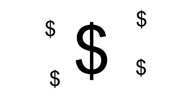 Zoom in and out animation the dollar symbol. Large black symbol in the center and four small symbols around. Seamless looped 4k animation on white background