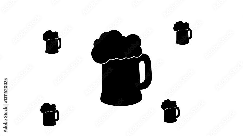 Poster zoom in and out animation the mug beer symbol. large black symbol in the center and four small symbo