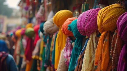 Colorful turbans displayed in vibrant outdoor market