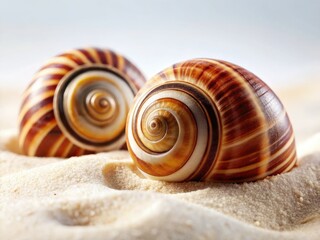 Panoramic beach scene: vibrant striped spiral shells nestled in the sand.