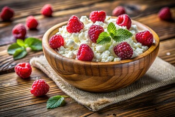 Panoramic view: cottage cheese and raspberries in a rustic bowl, a healthy and delicious treat.