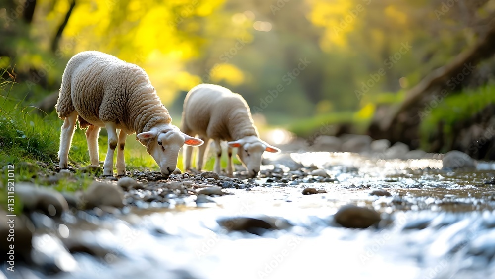Poster two sheep grazing by a flowing stream, surrounded by greenery and soft sunlight filtering through th