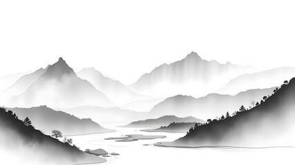 Serene Mountain Landscape in Ink Painting with Soft Grayscale Tones