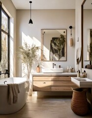 A chic white bathroom with soft beige undertones, a wall-mounted vanity, and a sleek metal 