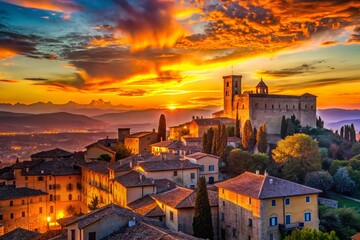 Obraz premium Silhouette of Narni's Medieval Walls at Sunset, Umbria, Italy