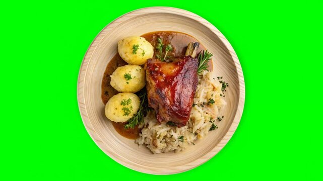 Pork knuckle. Seamless Loop. It has a ruddy, golden-brown crust. The meat inside is tender and juicy. On the plate. Potato dumplings. Sauerkraut. Fresh herbs. 