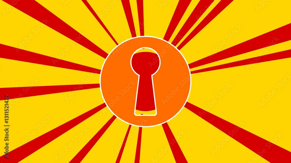 Poster keyhole symbol on the background of animation from moving rays of the sun. large orange symbol incre