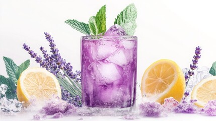 Refreshing purple drink with ice and garnishes on a light background, featuring lavender and lemon slices in an elegant presentation