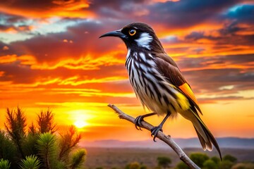Silhouette of New Holland Honeyeater at Sunset, Australian Bird, Wildlife Photography