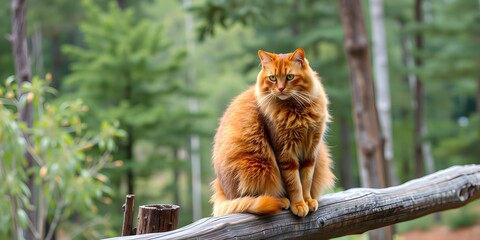  A Majestic Red and Brown Cat Sitting on a Rustic Wooden Fence, Overlooking a Forest