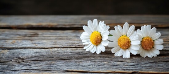 Obraz premium Three white daisies with yellow centers arranged in a line on a rustic wooden surface, highlighted by warm brown tones in the background.