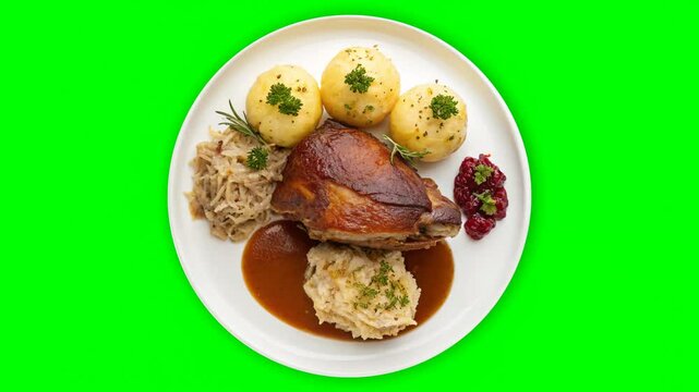 Pork knuckle. Seamless Loop. It has a ruddy, golden-brown crust. The meat inside is tender and juicy. On the plate. Potato dumplings. Sauerkraut. Fresh herbs. 