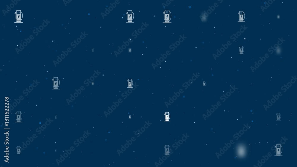 Poster template animation of evenly spaced electric charging station symbols of different sizes and opacity