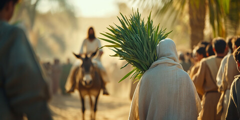 Triumphal Entry of Jesus into Jerusalem, Palm Sunday biblical scene with crowd and palm branches	