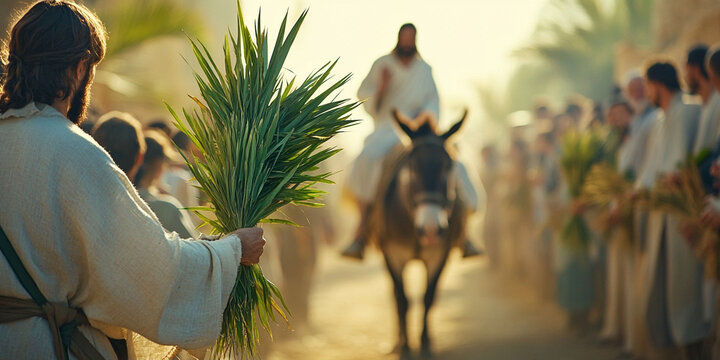 Triumphal Entry of Jesus into Jerusalem, Palm Sunday biblical scene with crowd and palm branches