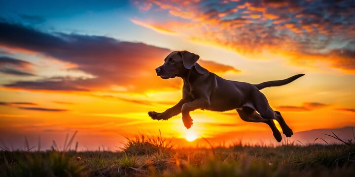 Silhouette of Playful Labrador Retriever Puppy in Sunset