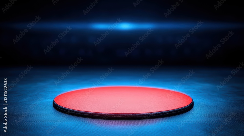 Poster a circular red platform illuminated against a dark, blue background, creating a dramatic and vibrant
