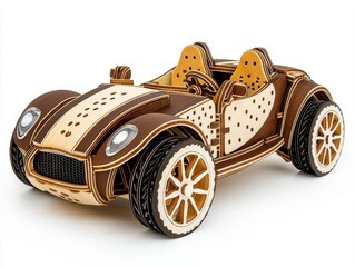 Unassembled wooden toy car model kit isolated on white background perfect for creative play and learning activities