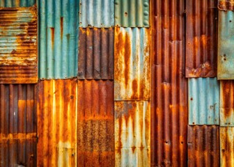 Rusty zinc panels create a vintage, retro interior design; perfect for text and graphic overlays.