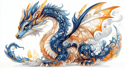 A mesmerizing blue-and-orange dragon, its body adorned with swirling, dynamic patterns that radiate movement and vitality. Vibrant hues captivate the viewer's attention