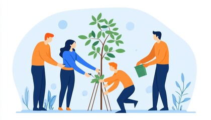 Team planting trees as part of a corporate sustainability initiative, in an outdoor scene with green goals and a collective effort for the environment