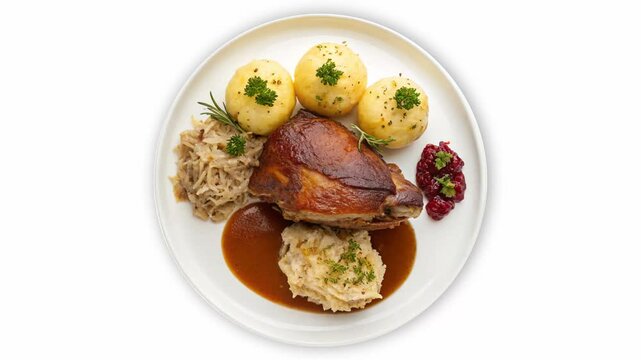 Pork knuckle. Seamless Loop. It has a ruddy, golden-brown crust. The meat inside is tender and juicy. On the plate. Potato dumplings. Sauerkraut. Fresh herbs. 