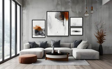 Modern luxury living room with abstract triptych paintings, contemporary elegant home interior, stylish minimalist decor, sophisticated neutral design, cozy refined lifestyle aesthetic
