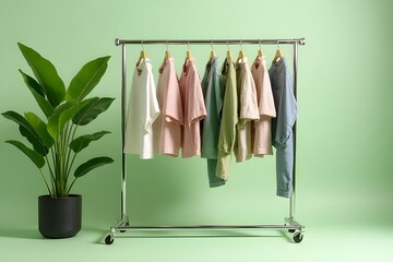 Colorful Clothes Displayed on a Metal Rack Against a Mint Green Background
