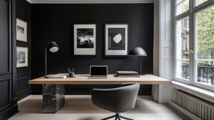 Modern minimalist home office desk, Parisian window view