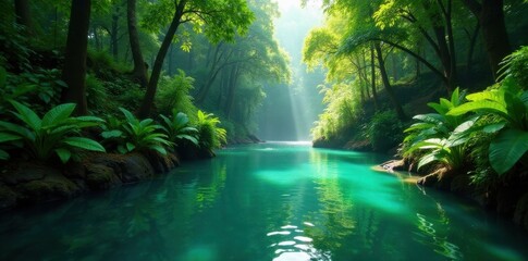 Obraz premium Emerald green river flows through lush rainforest canopy, wet, rocks