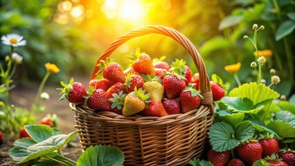 Naklejka premium A wicker basket overflowing with freshly picked ripe strawberries sits amidst vibrant green foliage in a sun-drenched garden, bathed in the warm golden light of a summer afternoon.