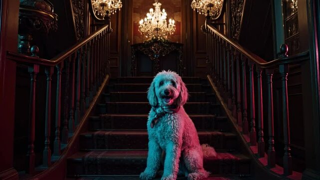 A fluffy caniche royal sitting proudly on a staircase in a grand, dimly lit mansion with ornate decor - "caniche royal"