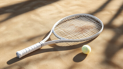 White tennis racket and ball on a clay court with natural shadows