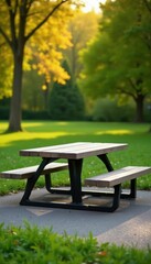 Fototapeta premium Modern metal and concrete picnic table with integrated benches , clean, park, design