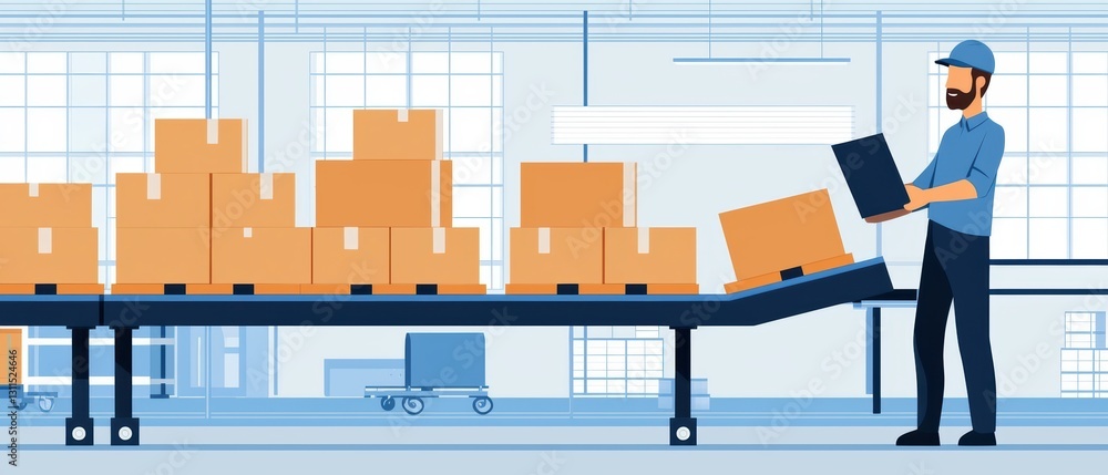 Poster worker optimizing a conveyor belt in a warehouse, with boxes and efficiency, streamlining logistics 