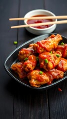  Hot and Spicy Chicken Wings with Chili Sauce, Served with Chopsticks on a Dark Wooden Table